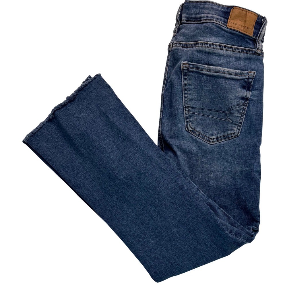 American Eagle High Rise Kick Boot Crop Jeans Blue Denim Raw Hem Size 0